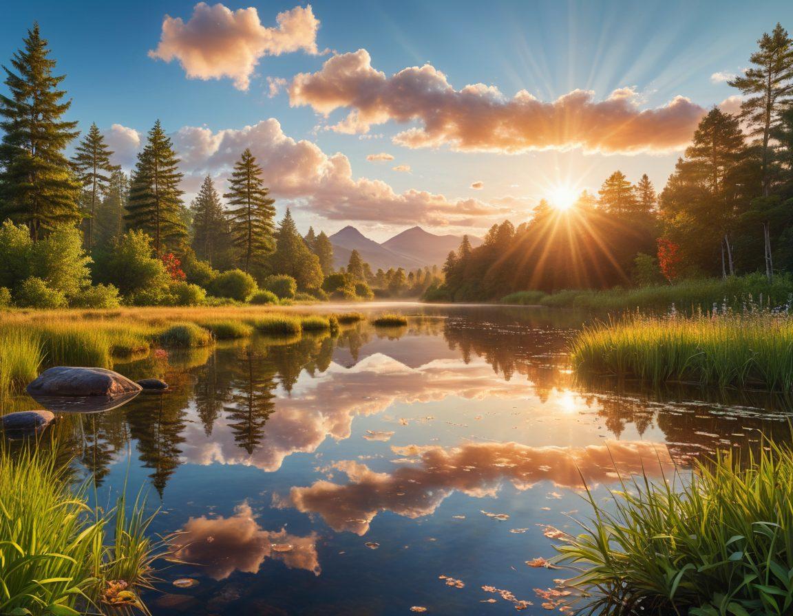 A serene landscape depicting a sunrise over a tranquil lake, with diverse individuals engaging in various wellness activities such as yoga, meditation, and walking. The scene is infused with vibrant greenery, symbolizing health and vitality, and includes elements of holistic wellness like crystals and herbal teas. Empowering visual metaphors like light rays breaking through clouds embody hope and growth. super-realistic. vibrant colors. clear blue sky.