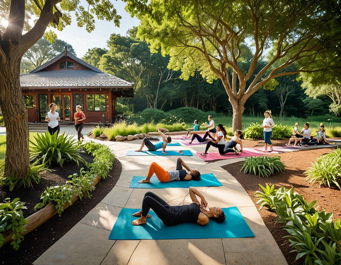 An inviting scene showing a diverse group of people engaged in various health activities, such as jogging, meditating, and preparing healthy meals, with a beautiful backdrop of nature symbolizing wellness. Incorporate elements like a wellness center or clinic in the background, with visible resources like pamphlets and digital devices indicating tips for health. Bright and hopeful atmosphere. super-realistic. vibrant colors. peaceful setting.