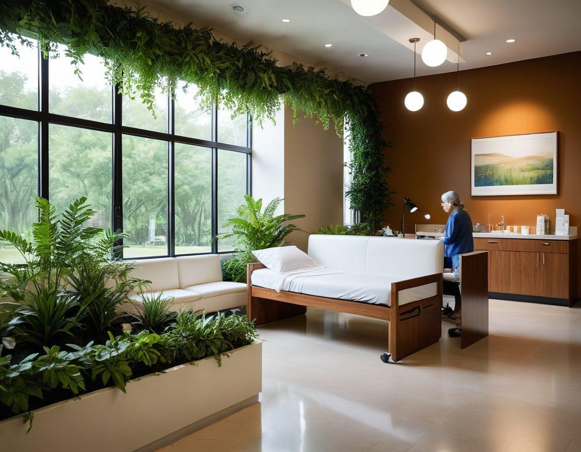 A serene scene depicting a diverse group of patients in a tranquil medical environment, engaging with compassionate healthcare professionals. Include visual elements such as greenery, soft lighting, and helpful guides or pamphlets highlighting well-being support. Showcase a sense of community and empowerment, with warm colors radiating positivity and hope.  super-realistic. soothing colors. vibrant background.